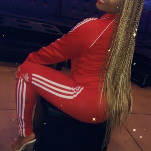 Adidas Red Track Pants with Signature Stripes jacket
